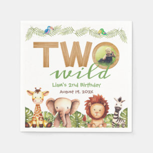 Two Wild Safari Animals 2nd Birthday Photo Wood Napkins