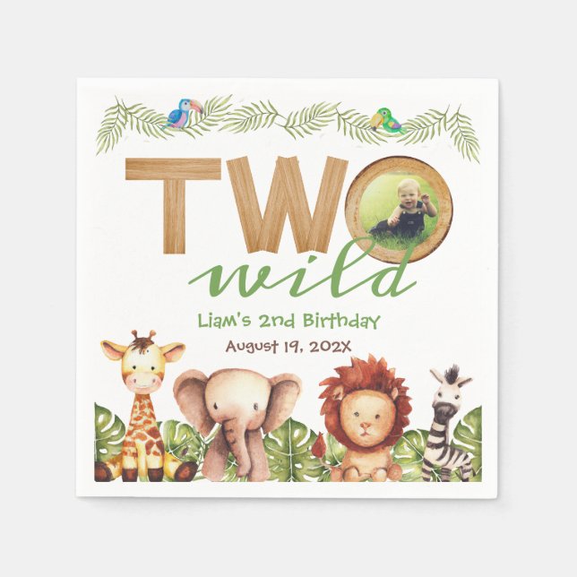 Two Wild Safari Animals 2nd Birthday Photo Wood  Napkins (Front)