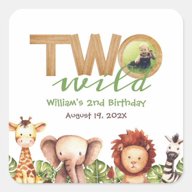 Two Wild Safari Animals 2nd Birthday Photo Wood  Square Sticker (Front)