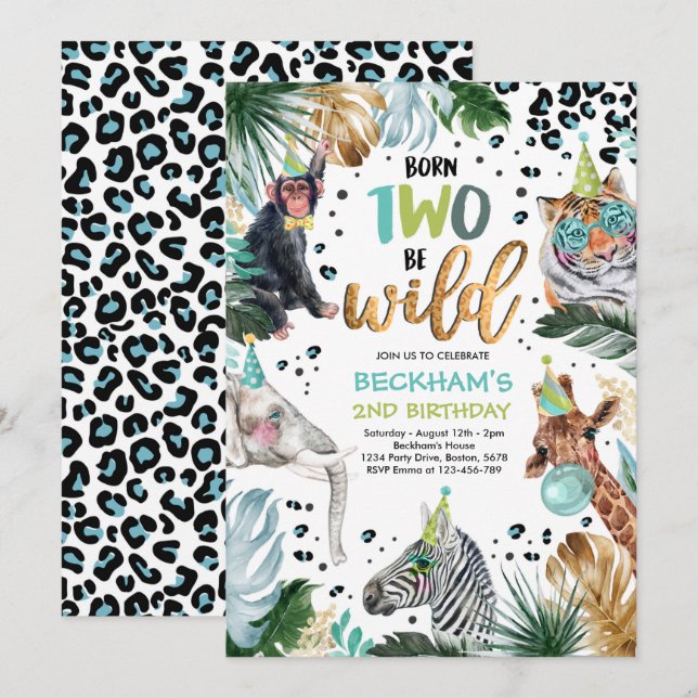 Two Wild Safari Animals 2nd Boy Birthday Party Invitation (Front/Back)