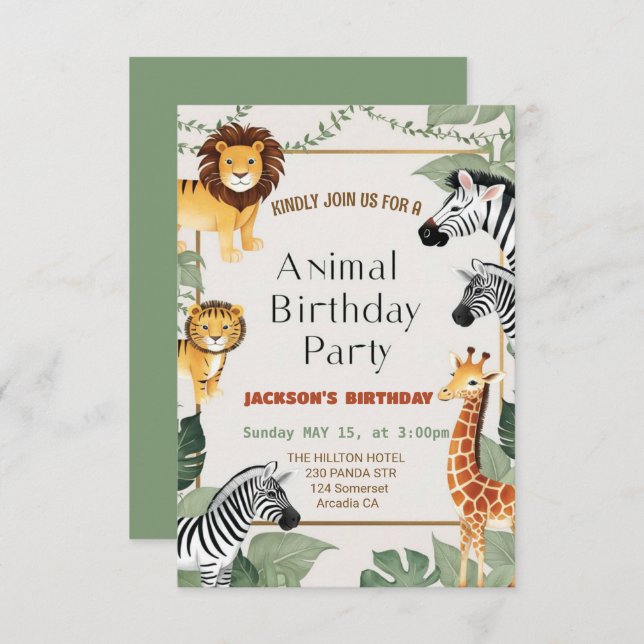 Two Wild Safari Animals  Birthday  Invitation (Front/Back)