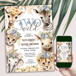 TWO Wild Safari Animals Boy 2nd Birthday Invitation