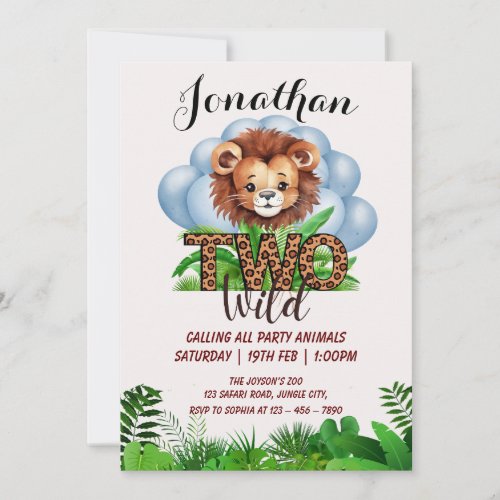 Two Wild Safari Animals Cute Lion 2nd birthday Invitation