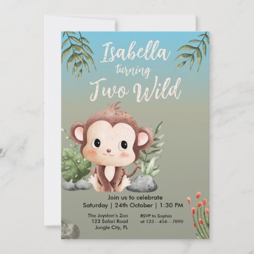 Two Wild Safari Animals Cute Monkey 2nd Birthday  Invitation