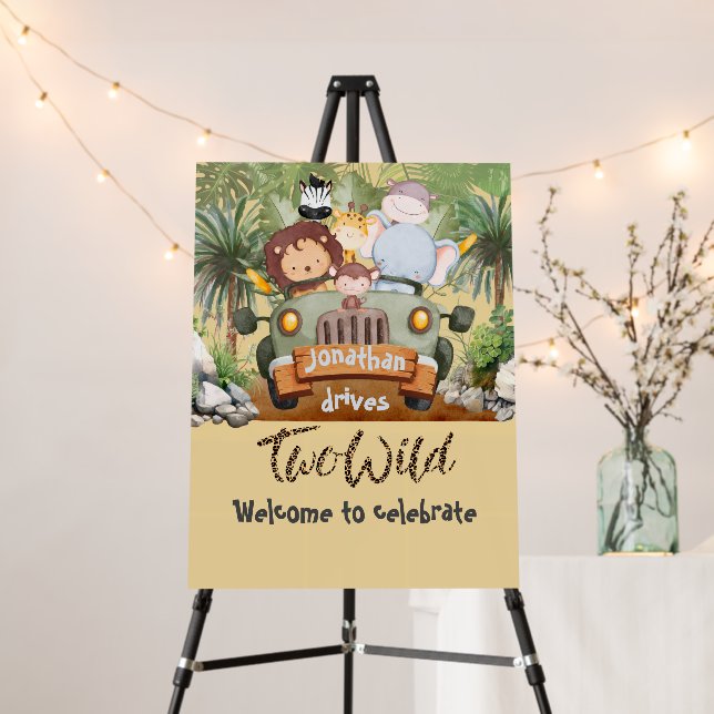Two Wild Safari Animals Driving Car 2nd Birthday  Foam Board (In Situ (Stand))