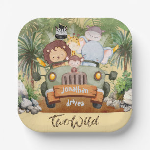 Two Wild Safari Animals Driving Car 2nd Birthday  Paper Plates