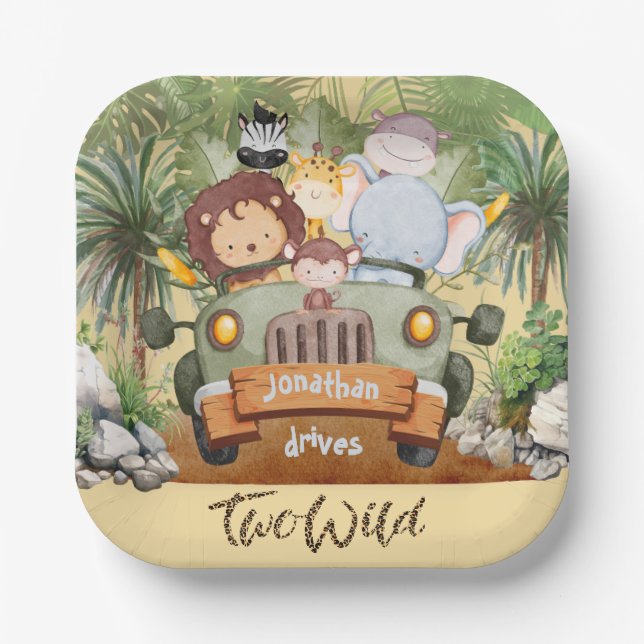 Two Wild Safari Animals Driving Car 2nd Birthday  Paper Plates (Front)