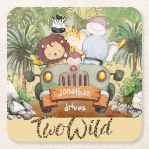 Two Wild Safari Animals Driving Car 2nd Birthday Square Paper Coaster