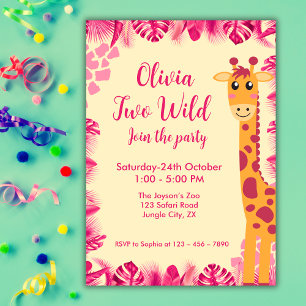Two Wild Safari Animals Giraf Girl Pink 2nd Bday Invitation