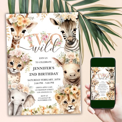 TWO Wild Safari Animals Girl 2nd Birthday  Invitation