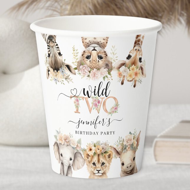 Two Wild Safari Animals Girl 2nd Birthday Paper Cups (Creator Uploaded)