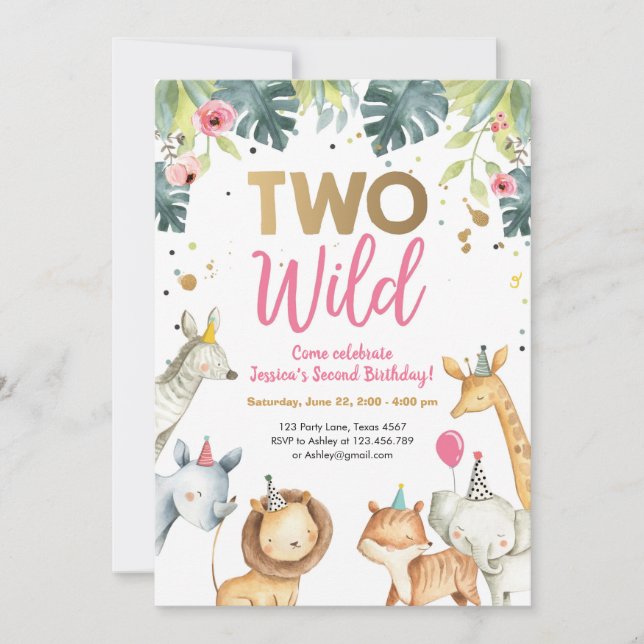 Two Wild Safari Animals Girl Birthday Invitation (Front)