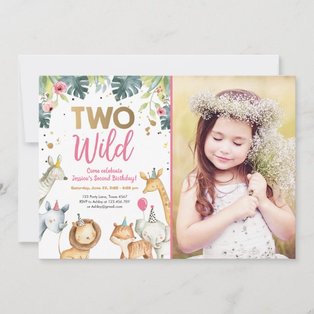 Two Wild Safari Animals Girl Birthday Invitation (Front)