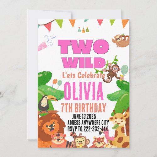 Two Wild Safari Animals Girls 2nd Birthday Invitation