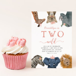 Two Wild Safari Animals Girl's 2nd Birthday  Invitation