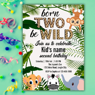 Two Wild Safari Animals Jungle Kids 2nd birthday  Invitation