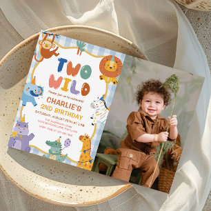 TWO WILD Safari Animals Kids 2nd Birthday Photo Invitation