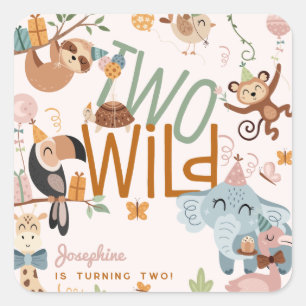 Two wild safari animals kids birthday party square sticker