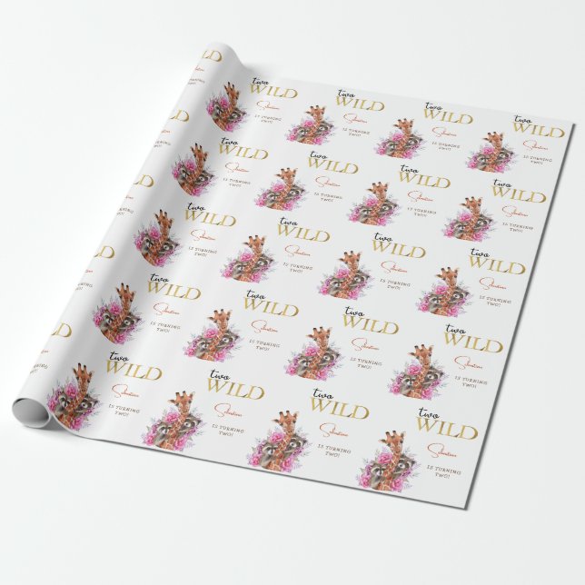 Two wild safari animals kids birthday party wrapping paper (Unrolled)