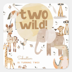 Two wild safari animals kids birthday square sticker