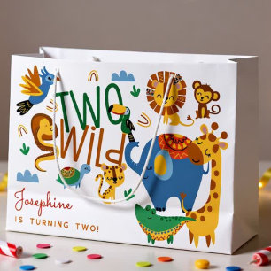 Two wild safari animals kids second birthday large gift bag