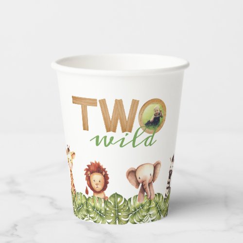 Two Wild Safari Animals Photo Wood 2nd Birthday Paper Cups