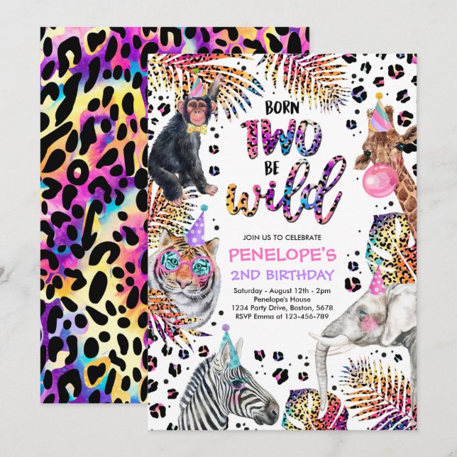Two Wild Safari Animals Rainbow Cheetah Birthday Invitation (Front/Back)