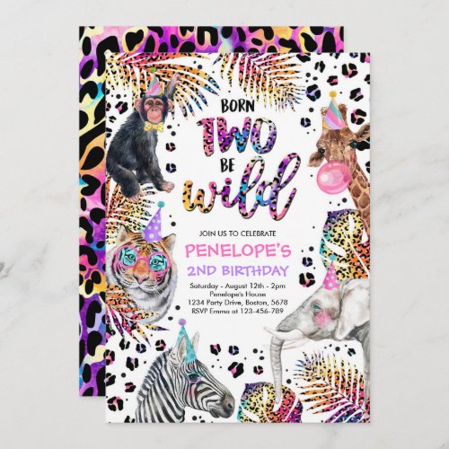 Two Wild Safari Animals Rainbow Cheetah Birthday Invitation