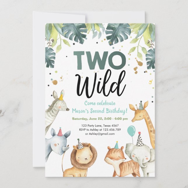 Two Wild Safari Animals Second Birthday Invitation (Front)