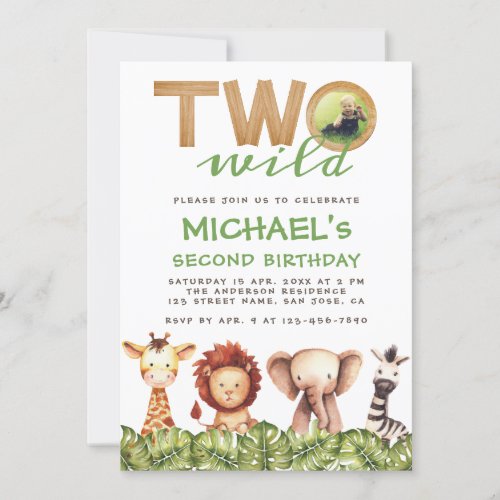 Two Wild Safari Animals Wood Photo 2nd Birthday In Invitation