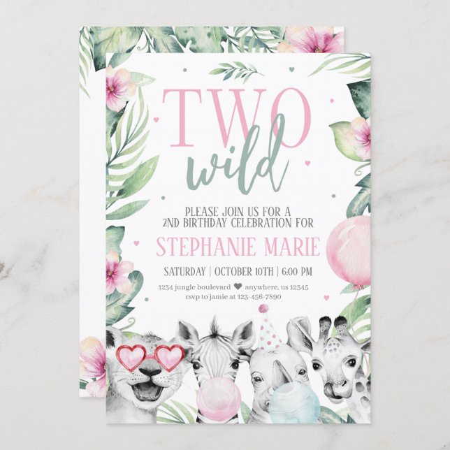 Two Wild Safari Birthday Invitation for Girl (Front/Back)