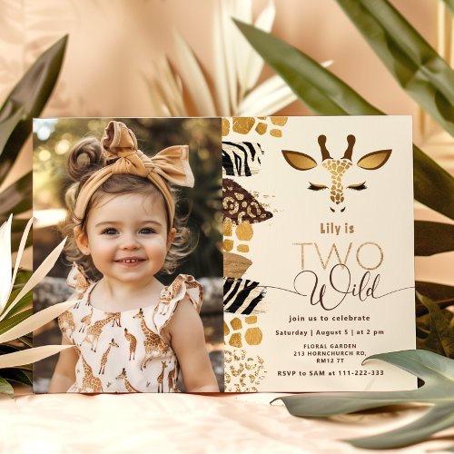 Two wild Safari giraffe modern gold photo birthday Invitation