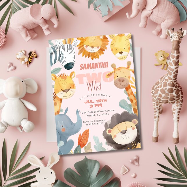 Two Wild Safari Girls 2nd Second Pink Birthday Invitation (Creator Uploaded)