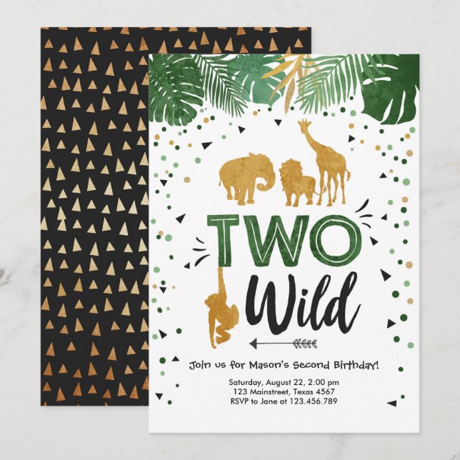 Two Wild Safari Gold Boy Animals Birthday Party Invitation (Front/Back)