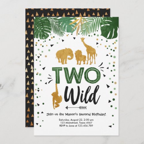 Two Wild Safari Gold Boy Animals Birthday Party Invitation
