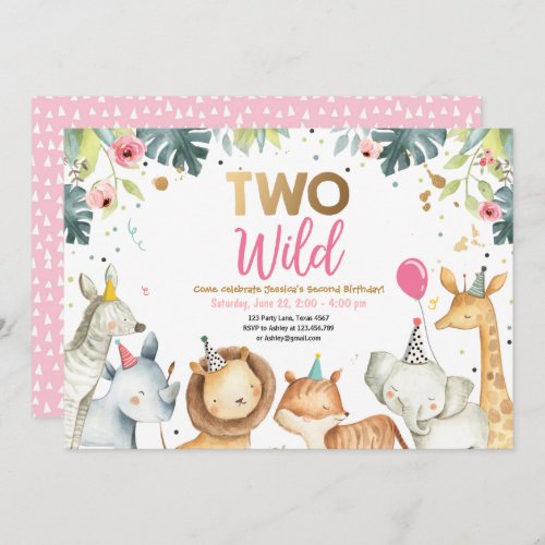 Two Wild Safari Gold Girl Animals Birthday Party Invitation