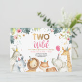 Two Wild Safari Gold Girl Animals Birthday Party Invitation (Standing Front)