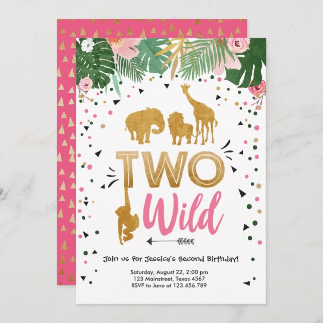 Two Wild Safari Gold Girl Animals Birthday Party Invitation (Front/Back)