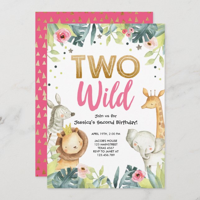 Two Wild Safari Gold Girl Animals Birthday Party Invitation (Front/Back)