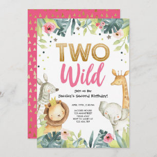Two Wild Safari Gold Girl Animals Birthday Party Invitation