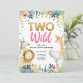 Two Wild Safari Gold Girl Animals Birthday Party Invitation (Standing Front)