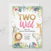 Two Wild Safari Gold Girl Animals Birthday Party Invitation (Front)