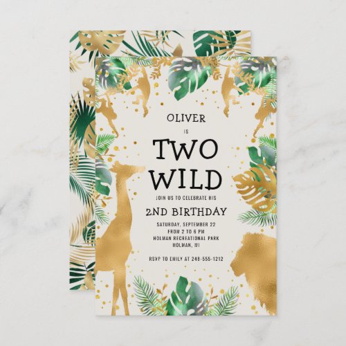 Two Wild Safari Green Gold Ecru 2nd Birthday Invitation