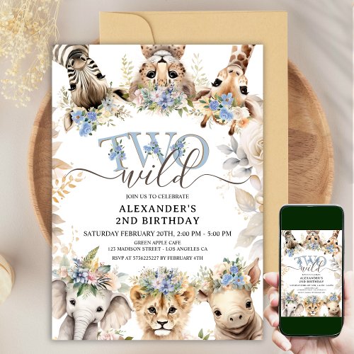 TWO WILD  Safari Jungle Animals 2nd Birthday Boy  Invitation