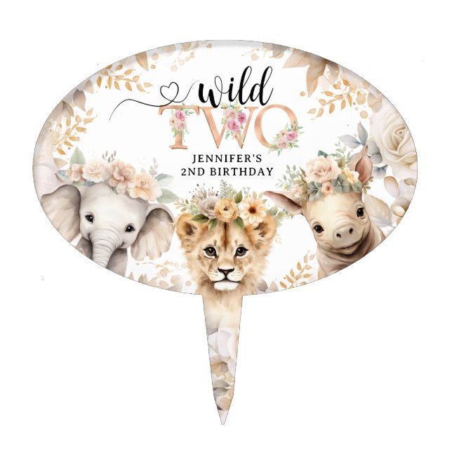 TWO WILD | Safari Jungle Animals 2nd Birthday Girl Cake Topper (Front)