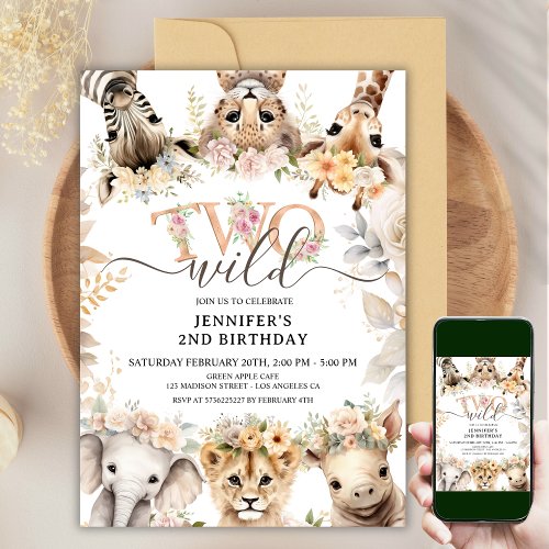 TWO WILD  Safari Jungle Animals 2nd Birthday Girl Invitation