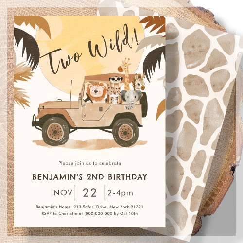 Two Wild Safari Jungle Animals 2nd Birthday  Invitation