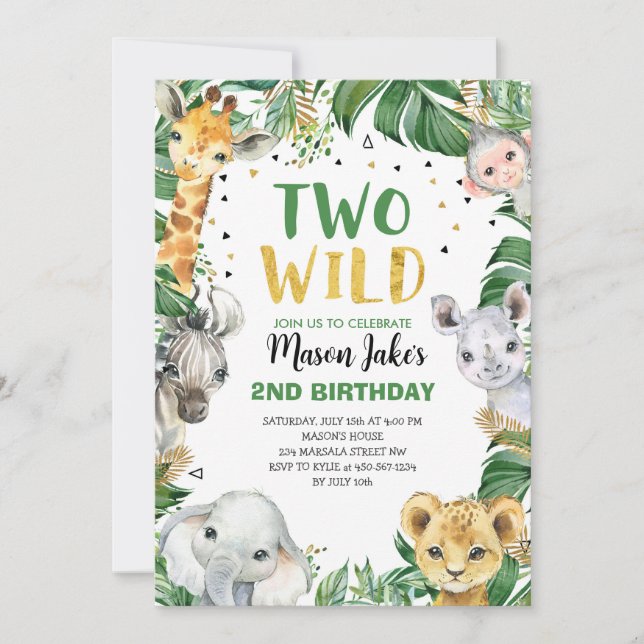 TWO WILD Safari Jungle Animals 2nd Birthday  Invitation (Front)