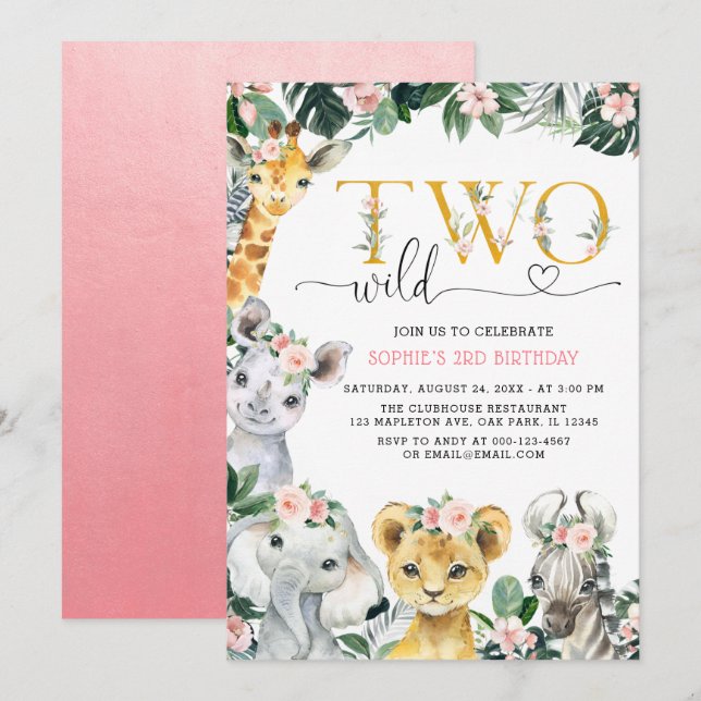 Two Wild Safari Jungle Animals 2rd Birthday Invita Invitation (Front/Back)