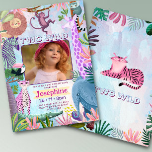 Two Wild safari jungle animals girl birthday photo Invitation